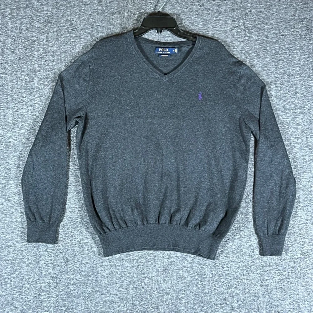 Polo Ralph Lauren Mens V‎ Neck Sweater Dark Gray Pima Cotton Long Sleeve M